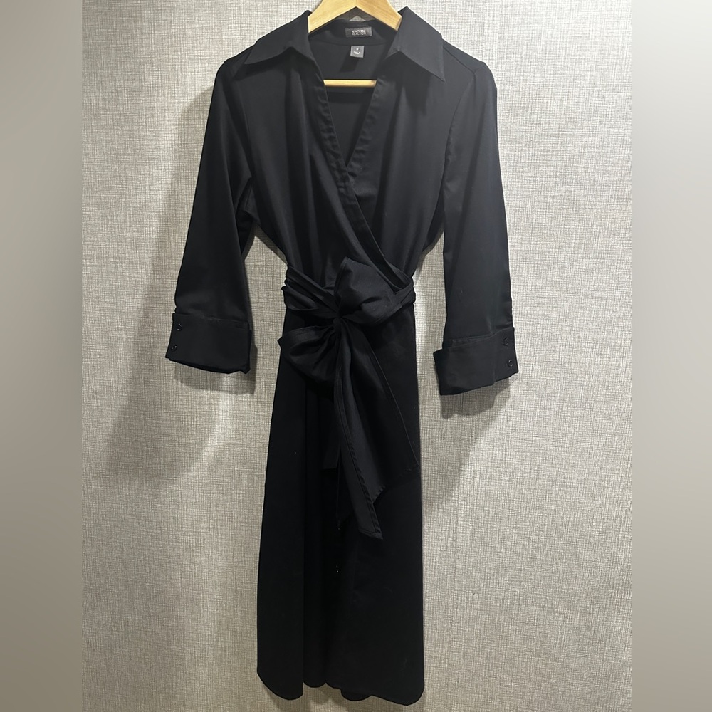 Kenneth Cole Reaction 3/4 Sleeve Wrap Button Black Dress Size 10